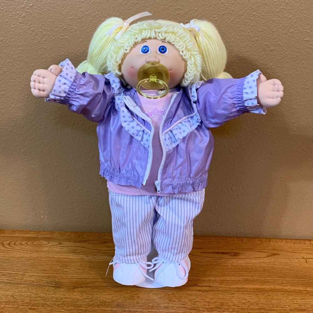Vintage Cabbage Patch Kids Doll With Pacifier In VHTF Purple Ruffled Windbreaker
